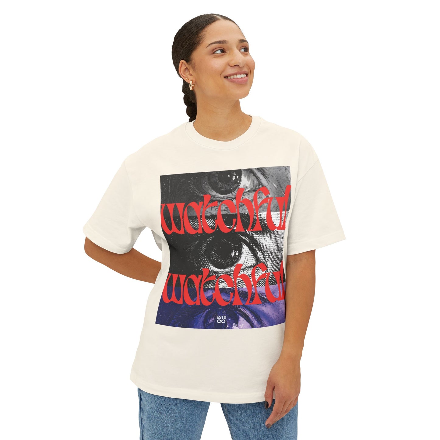 "Watchful" Christian Oversized Boxy T-Shirt | Matthew 24:42 | Bold Eye Graphic | Panda Art | Unisex Faith Streetwear