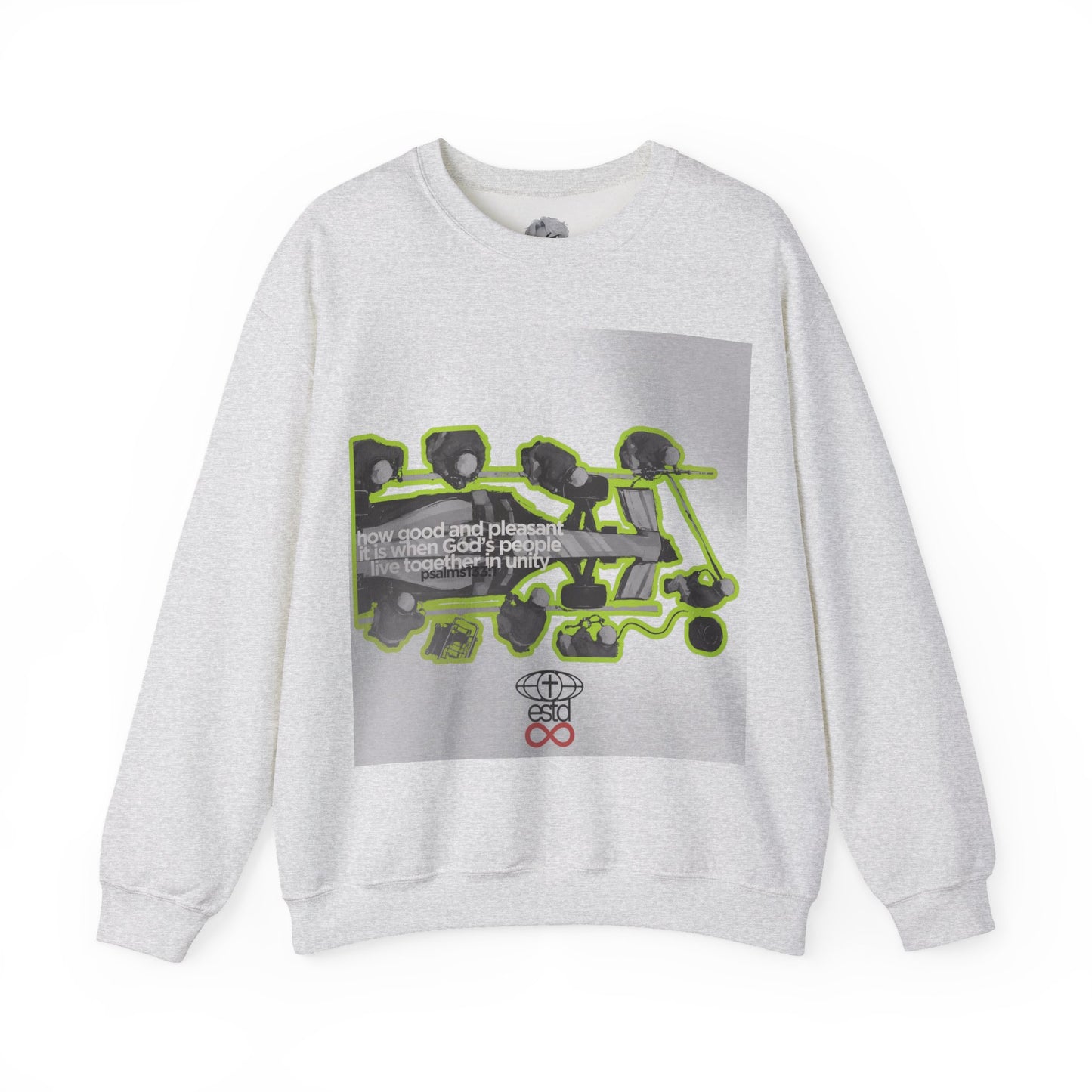 "Unity" Christian Unisex Heavyweight Sweatshirt | Psalm 133:1 | F1 Pit Crew Graphic | Living Together in Harmony | Faith Streetwear