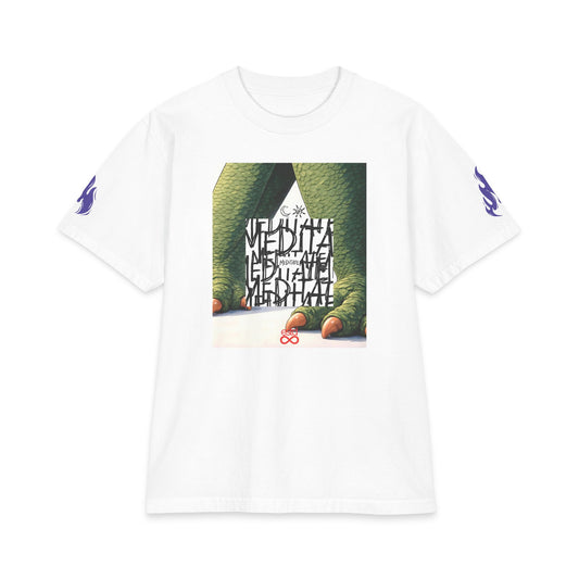 "MEDITATE" Dinosaur Legs Christian T-Shirt | Psalm 1:1-2 Bible Verse Graphic Tee | Unisex Heavyweight Streetwear | Faith-Based Front & Back Print
