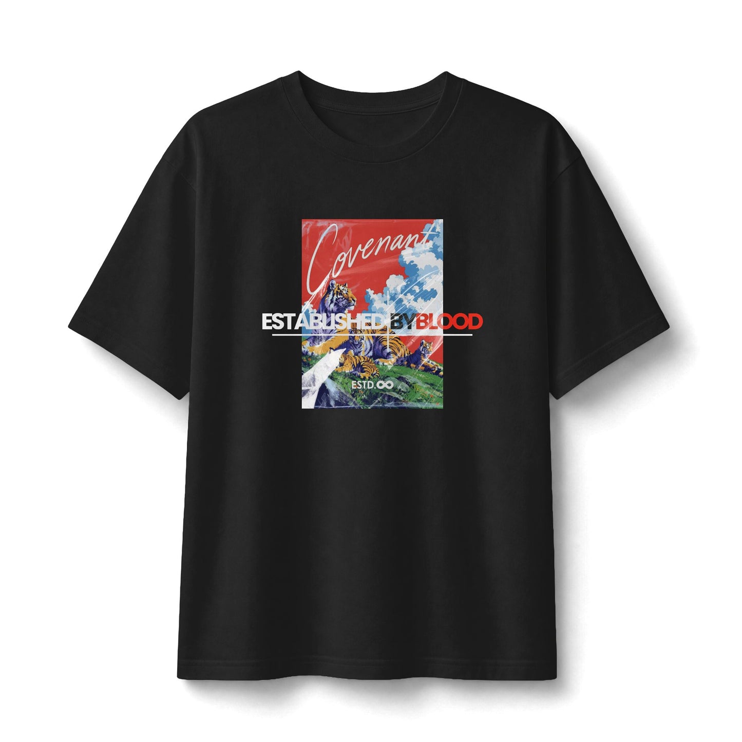 "Covenant — Established by Blood" Christian Unisex Heavyweight T-Shirt | Isaiah 54:10 | Tiger & Cubs Graphic | My Steadfast Love Shall Not Depart | Bold Faith Streetwear