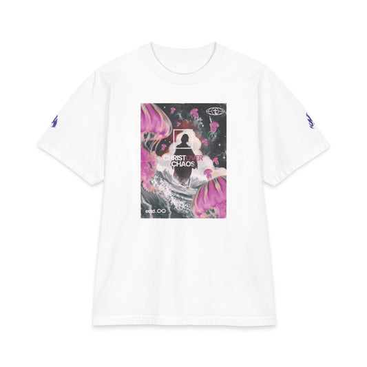 "Christ Over Chaos" Christian Unisex Max Heavyweight T-Shirt | Mark 4:39 | Jesus Walking on Water Graphic | Peace Be Still | Bold Faith Streetwear