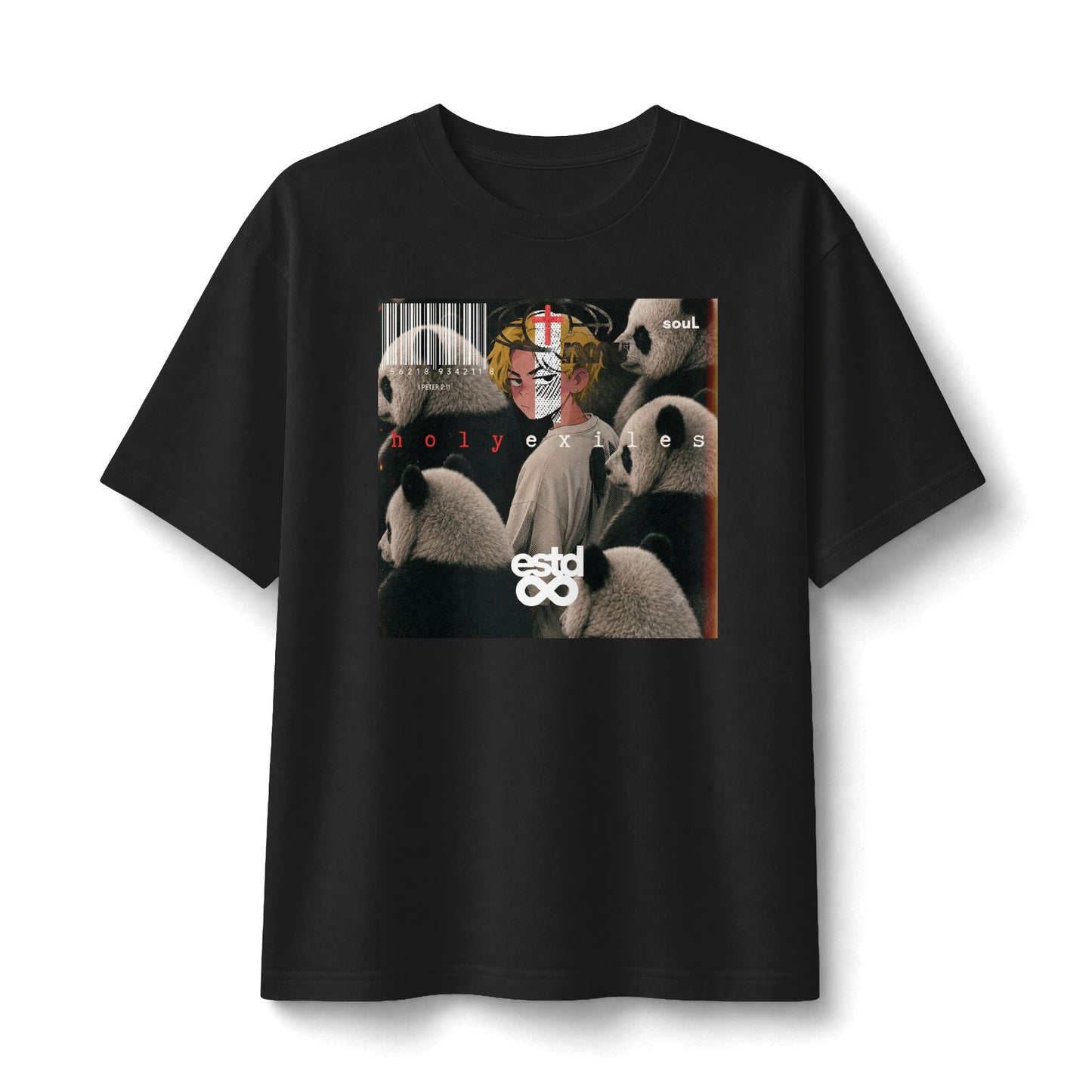 "Holy Exiles" Christian Unisex Heavyweight T-Shirt | 1 Peter 2:11 | Anime Boy & Panda Collective Graphic | Sojourners and Exiles | Bold Christian Identity Streetwear