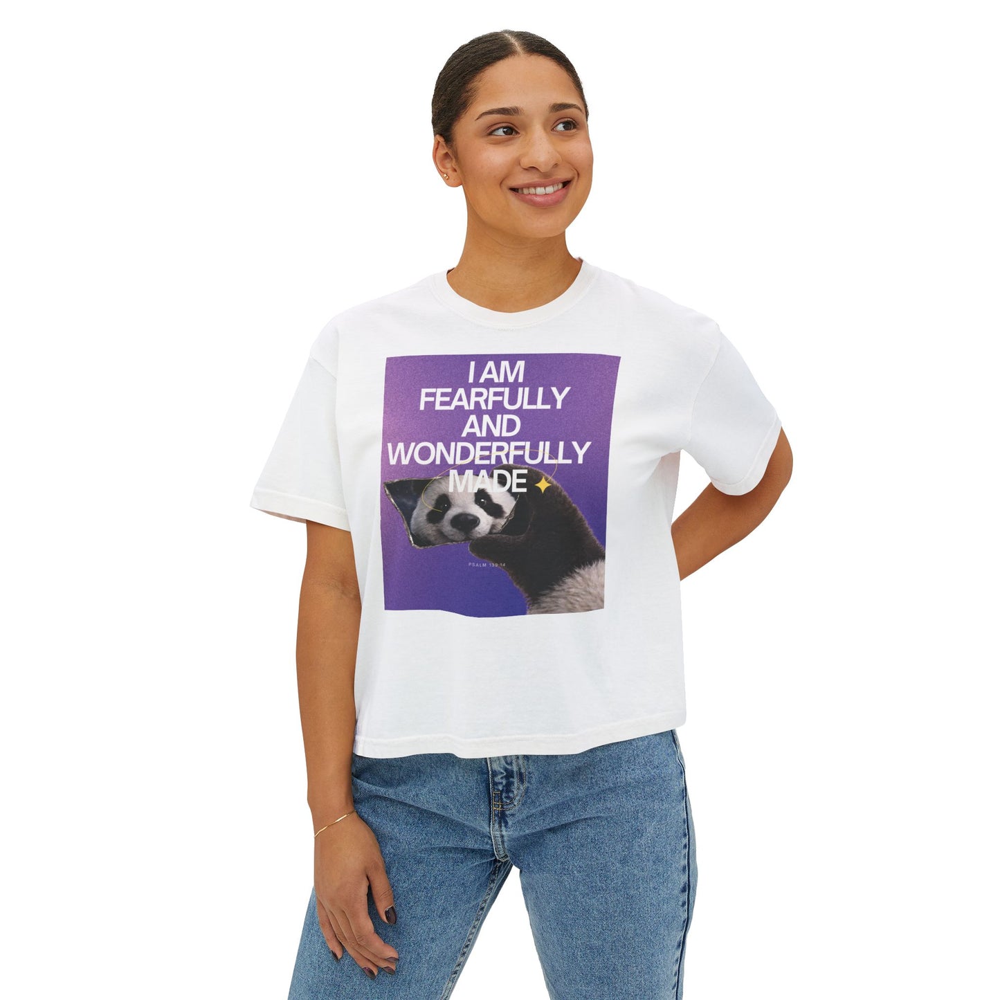 Fearfully & Wonderfully Made" Women's Christian Crop Tee | Psalm 139:14 | Panda Graphic Faith Apparel | Boxy Christian T-Shirt
