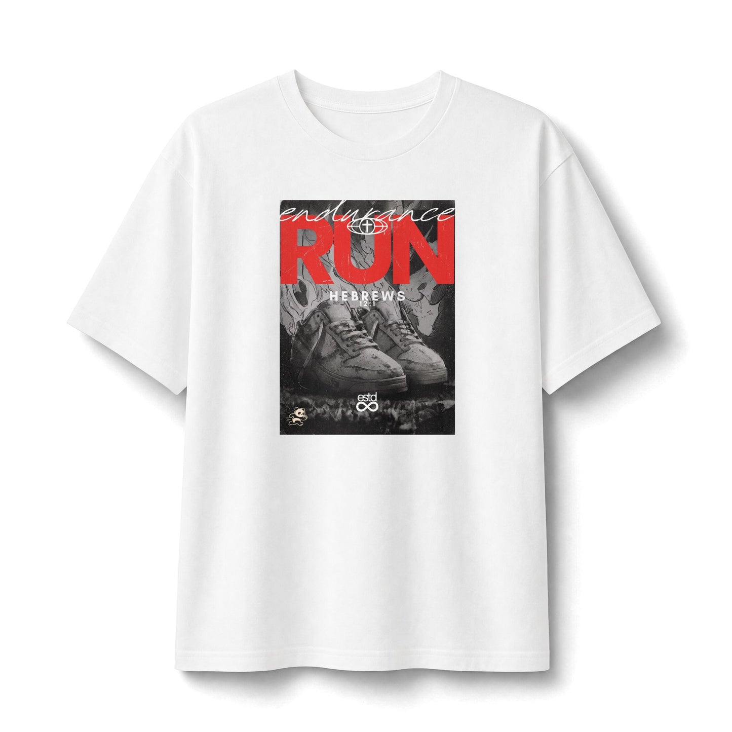 "Run" Christian Unisex Heavyweight T-Shirt | Hebrews 12:1 | Sneakers on Fire Graphic | Endurance Race Faith | Bold Christian Streetwear