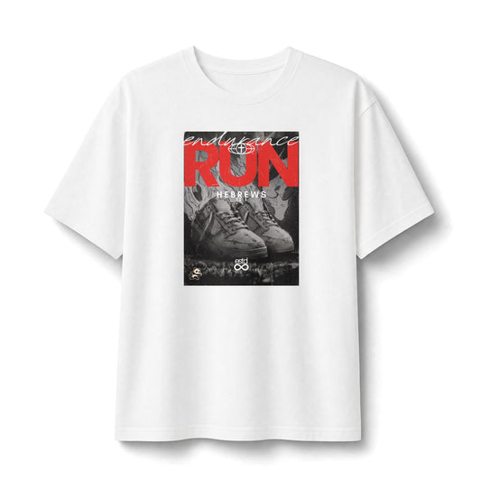 "Run" Christian Unisex Heavyweight T-Shirt | Hebrews 12:1 | Sneakers on Fire Graphic | Endurance Race Faith | Bold Christian Streetwear