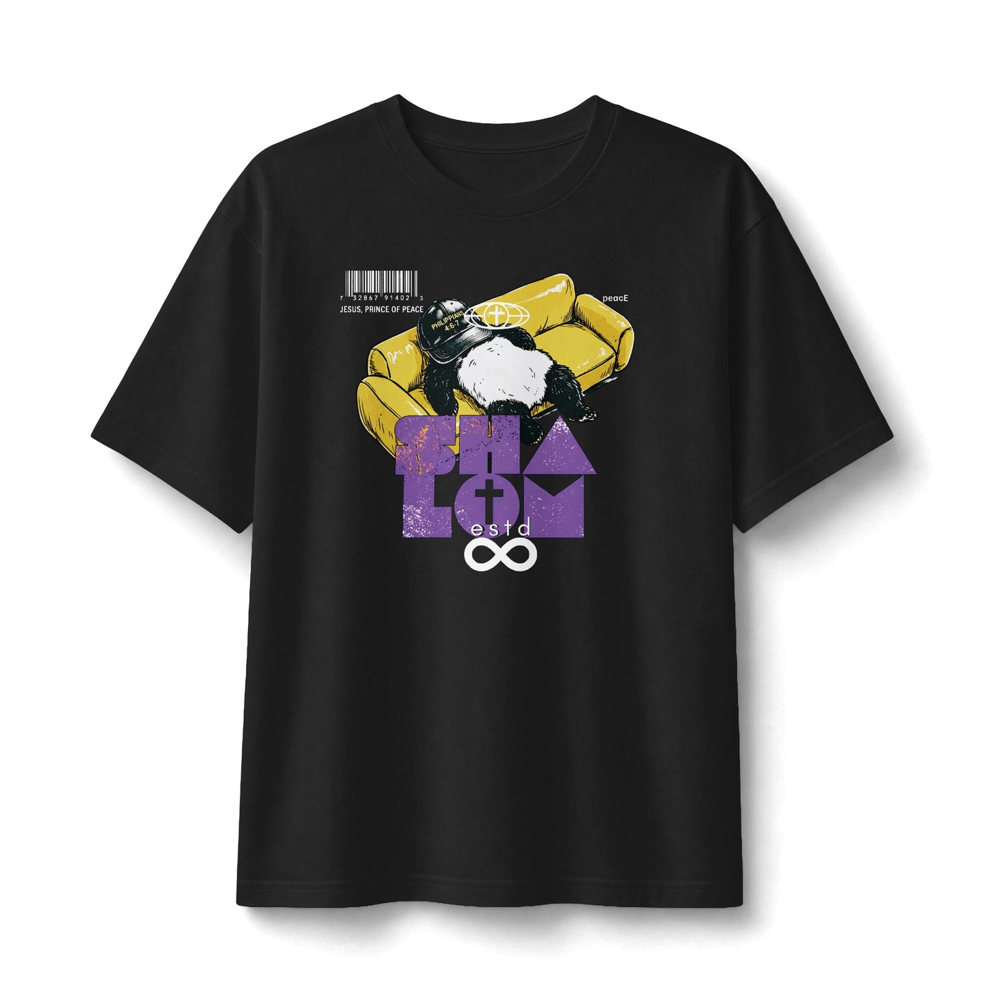 "Shalom" Christian Unisex Heavyweight T-Shirt | Philippians 4:6-7 | Resting Panda Couch Graphic | Jesus Prince of Peace | Bold Peace Faith Streetwear