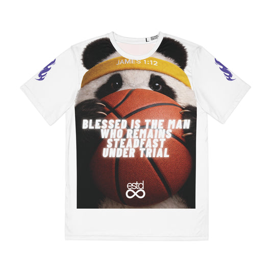 "Steadfast" Panda Basketball Christian T-Shirt | James 1:12 Bible Verse All-Over Print Tee | Men's Polyester Sports Faith Apparel | Panda Grace Collective