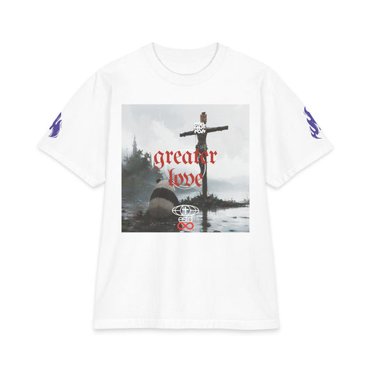 "Greater Love" Christian Unisex Max Heavyweight T-Shirt | John 15:13 | Panda at the foot of the Cross Graphic | No Greater Love | Bold Faith Streetwear