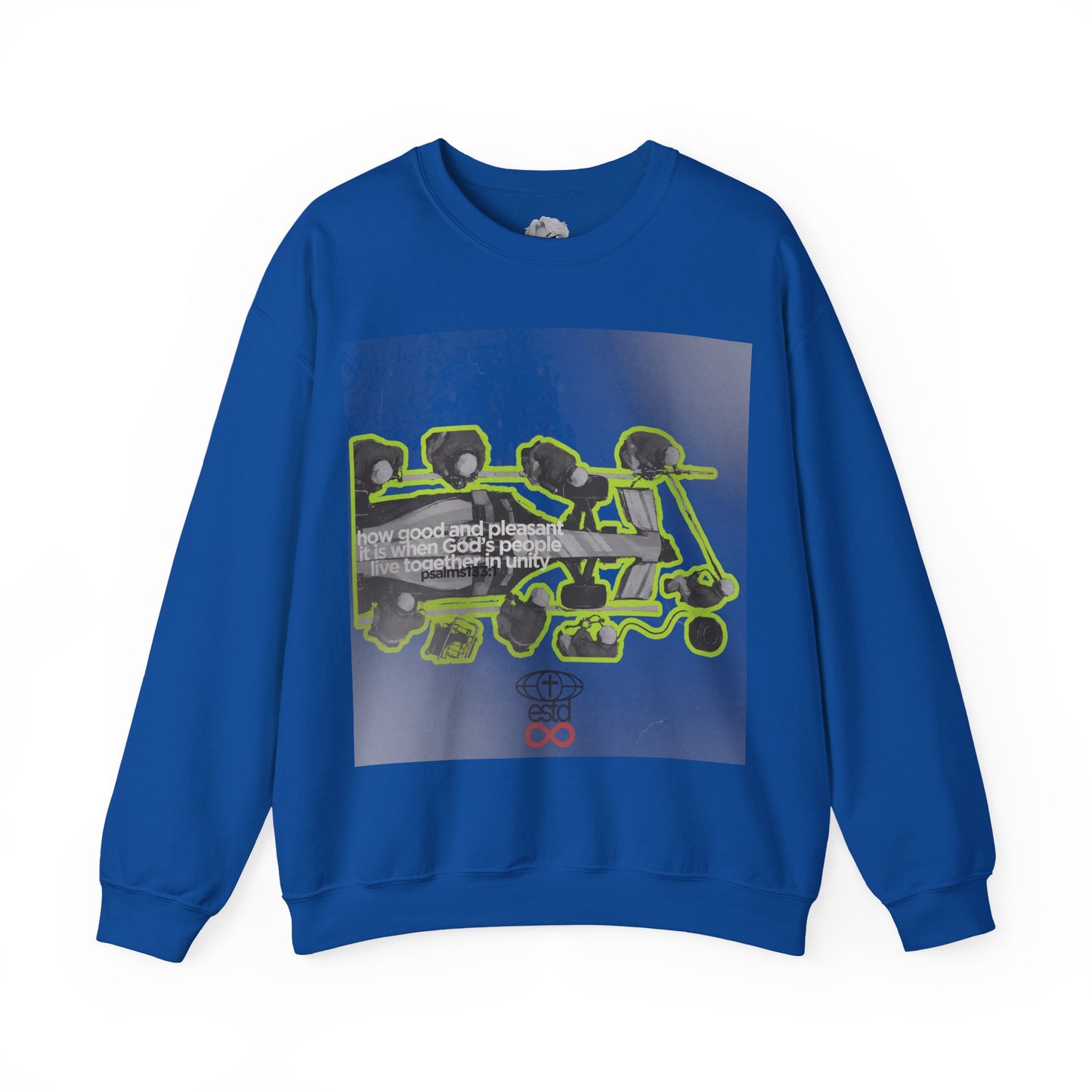 "Unity" Christian Unisex Heavyweight Sweatshirt | Psalm 133:1 | F1 Pit Crew Graphic | Living Together in Harmony | Faith Streetwear