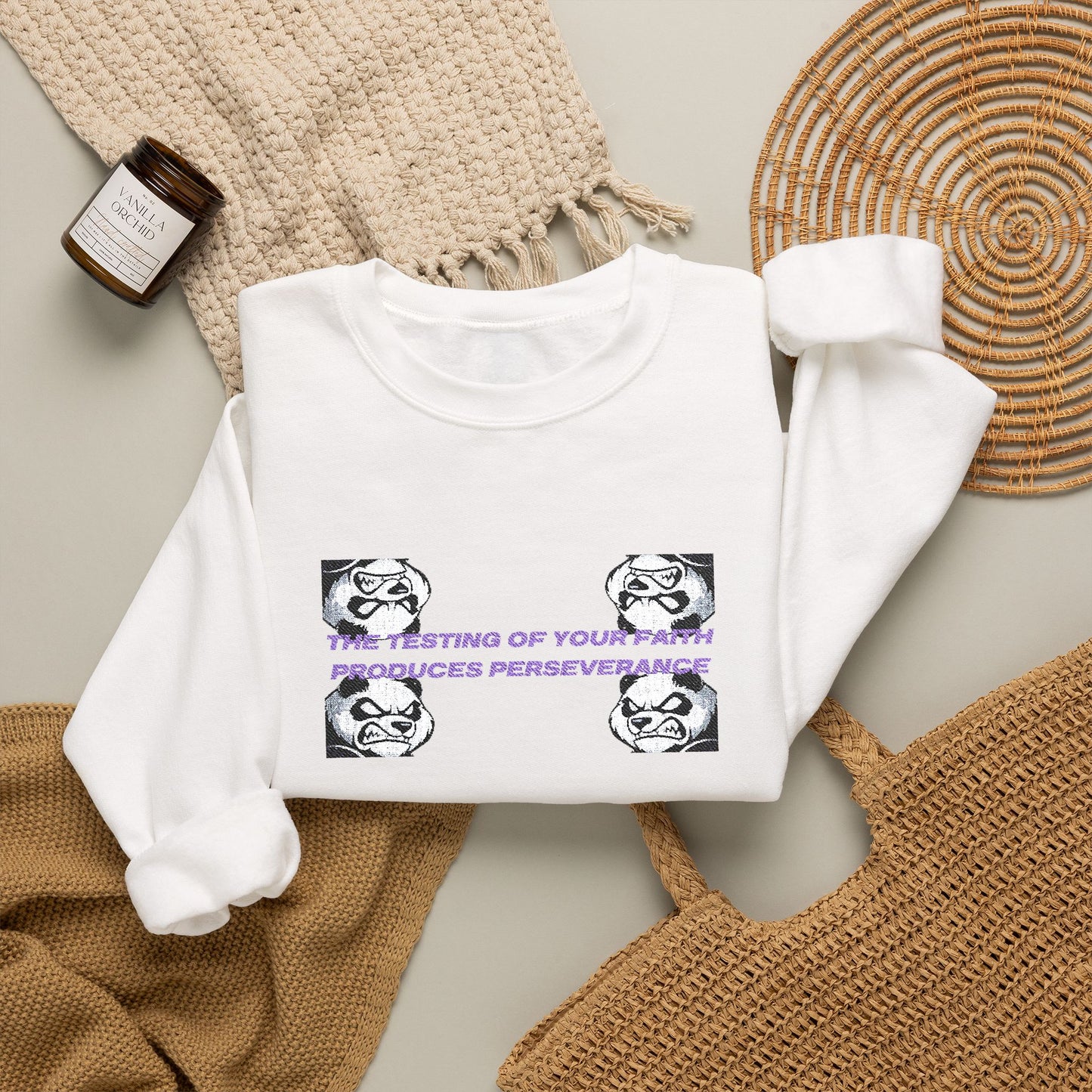 "Perseverance" Christian Unisex Heavy Blend Crewneck Sweatshirt | James 1:3 | Fierce Panda Graphic | Testing of Your Faith | Christian Streetwear