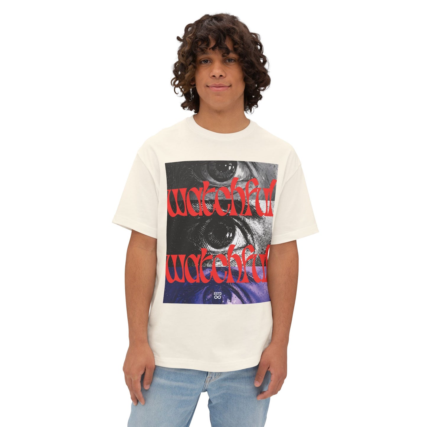 "Watchful" Christian Oversized Boxy T-Shirt | Matthew 24:42 | Bold Eye Graphic | Panda Art | Unisex Faith Streetwear