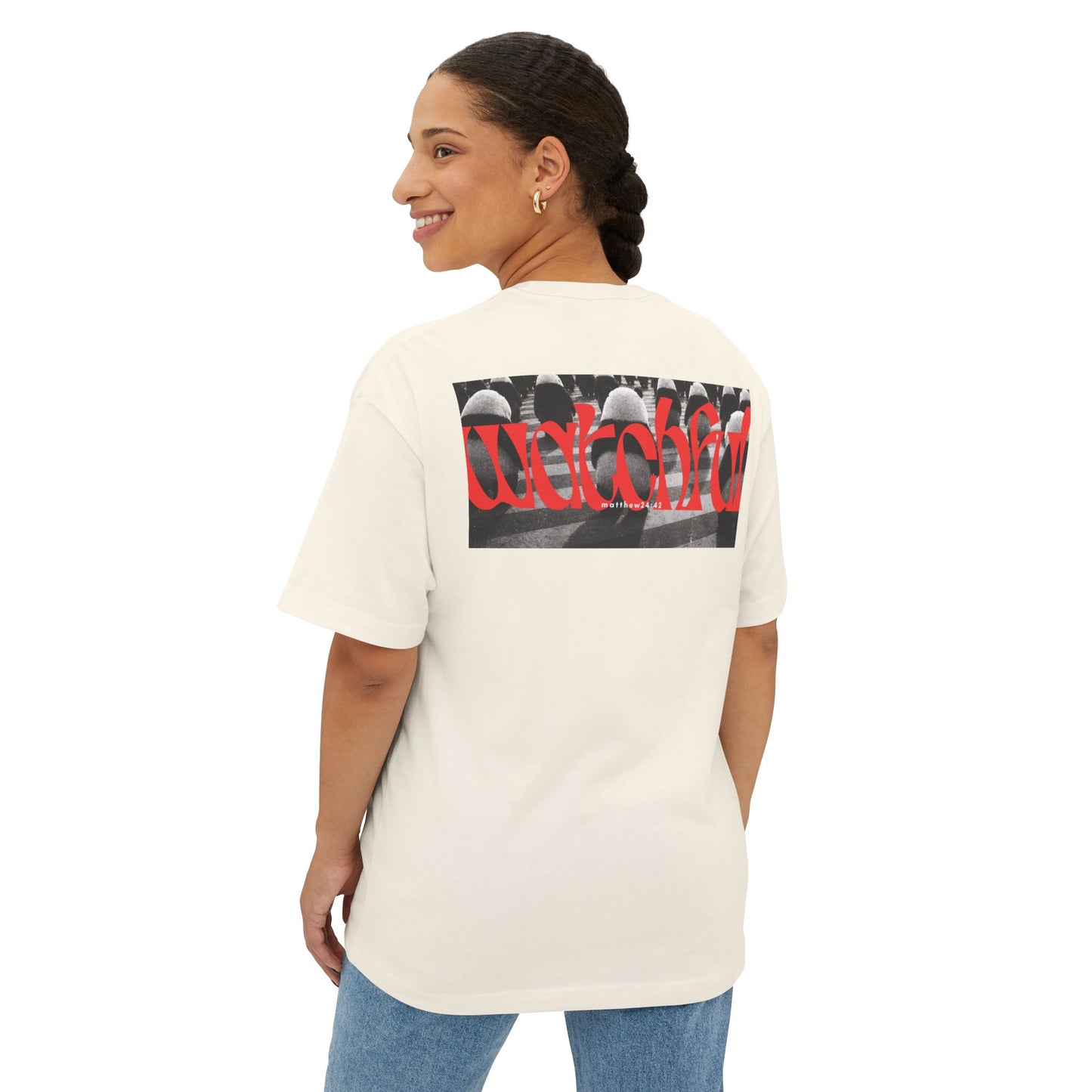 "Watchful" Christian Oversized Boxy T-Shirt | Matthew 24:42 | Bold Eye Graphic | Panda Art | Unisex Faith Streetwear