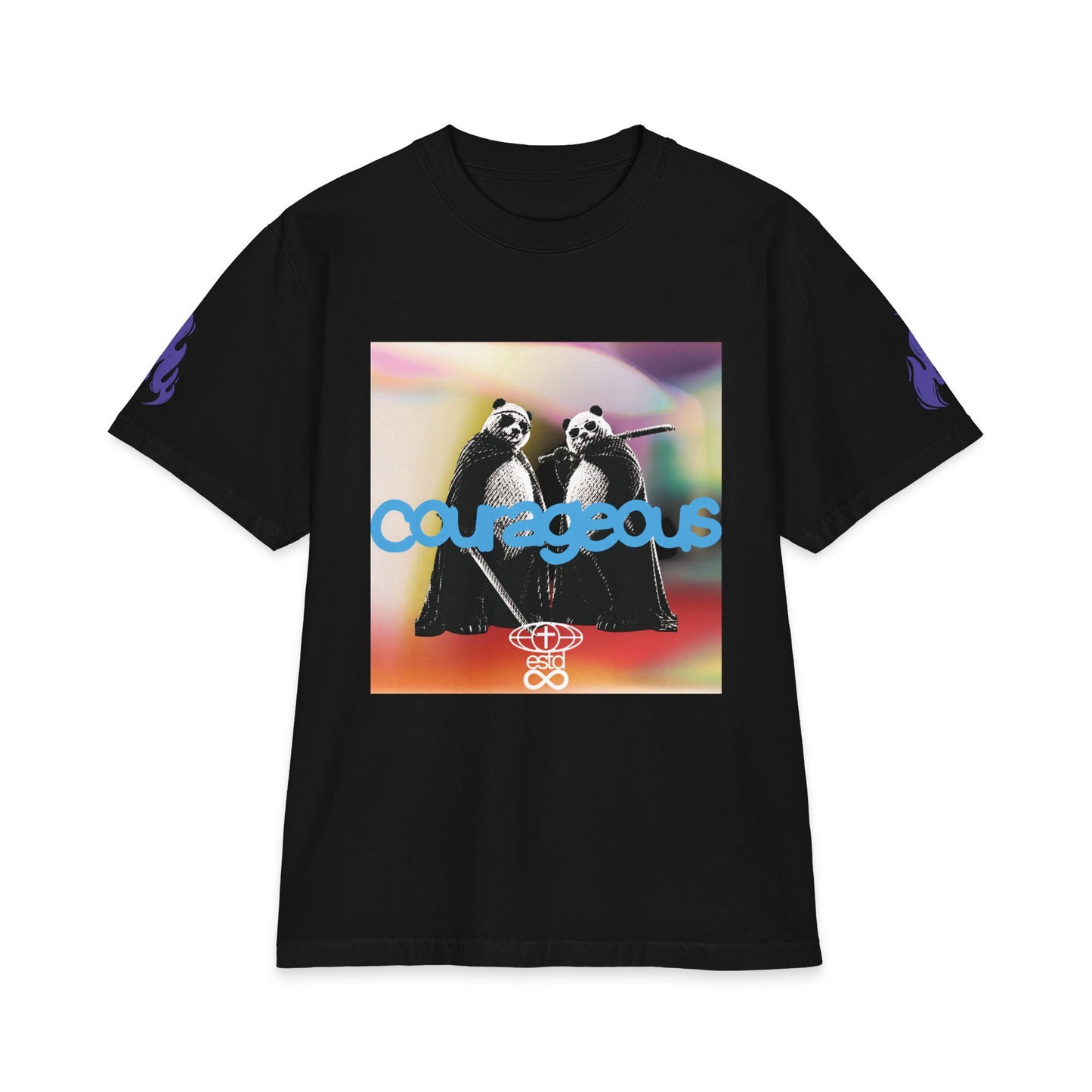 "Courageous" Christian Unisex Heavyweight T-Shirt | Joshua 1:9 | Panda Warrior Aurora Graphic | Be Strong and Courageous | Bold Faith Streetwear
