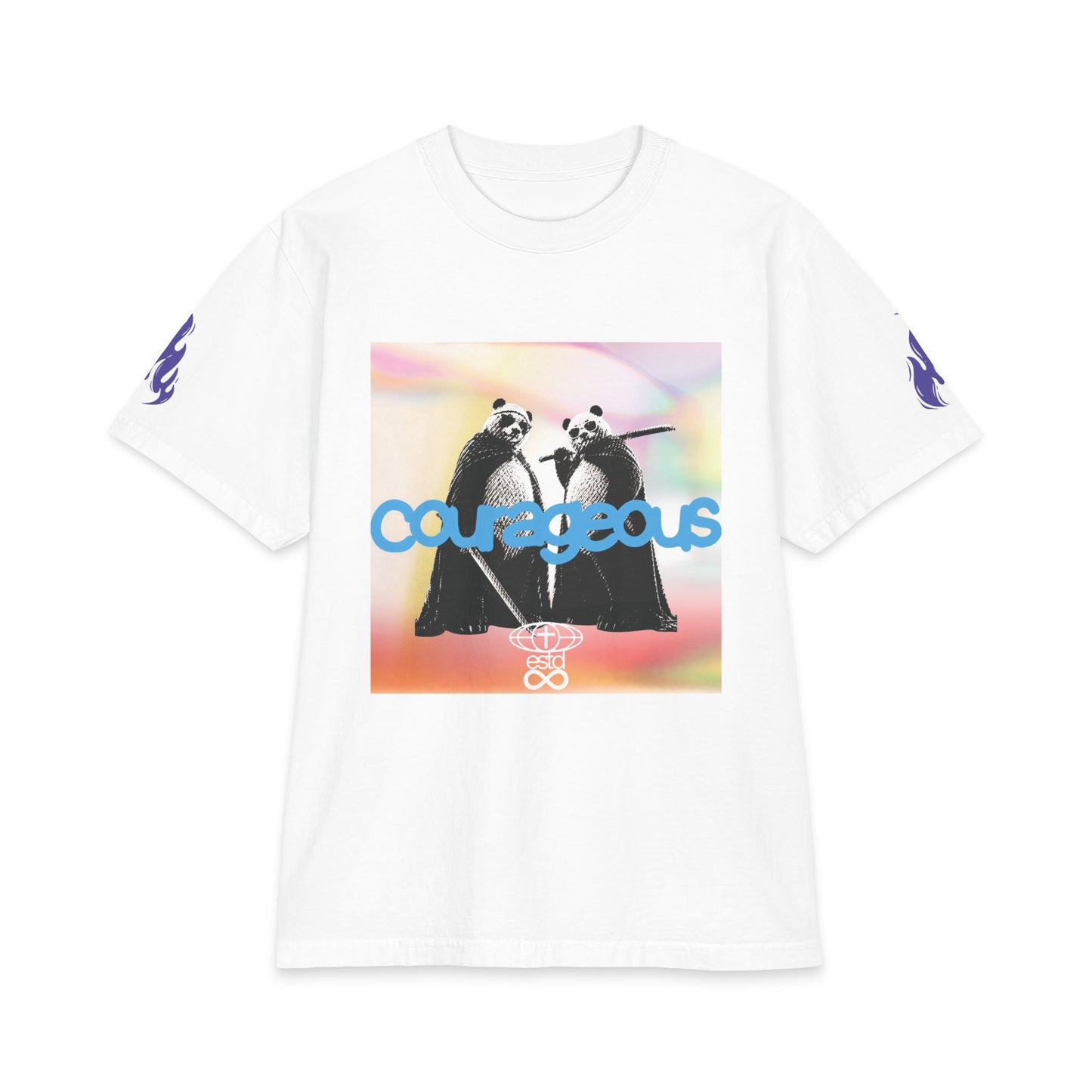 "Courageous" Christian Unisex Heavyweight T-Shirt | Joshua 1:9 | Panda Warrior Aurora Graphic | Be Strong and Courageous | Bold Faith Streetwear