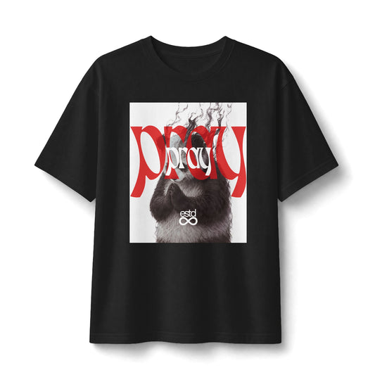 "Pray" Christian Unisex Heavyweight T-Shirt | 1 Thessalonians 5:17 | Praying Panda Graphic | Pray Without Ceasing | Bold Faith Streetwear | Panda Grace Collective