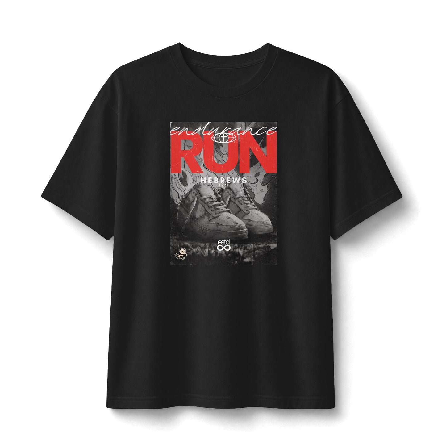 "Run" Christian Unisex Heavyweight T-Shirt | Hebrews 12:1 | Sneakers on Fire Graphic | Endurance Race Faith | Bold Christian Streetwear