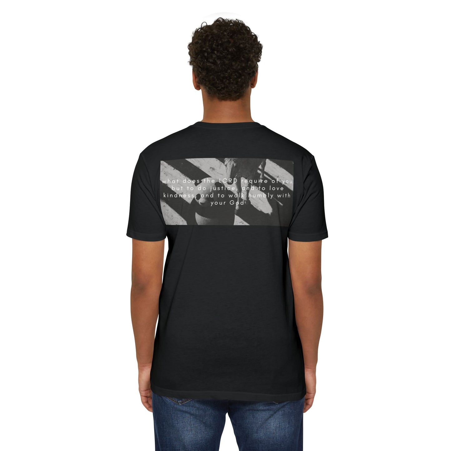 "Micah 6:8" Christian Unisex CVC Jersey T-Shirt | Do Justice Love Kindness Walk Humbly | Panda & Horse Graphic | Faith Streetwear