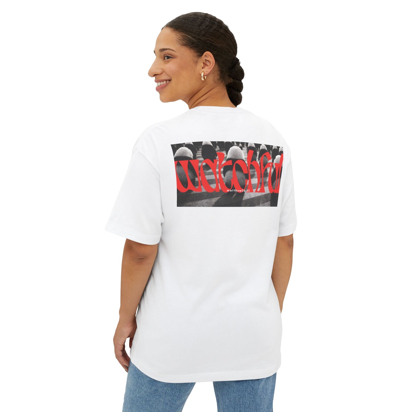 "Watchful" Christian Oversized Boxy T-Shirt | Matthew 24:42 | Bold Eye Graphic | Panda Art | Unisex Faith Streetwear