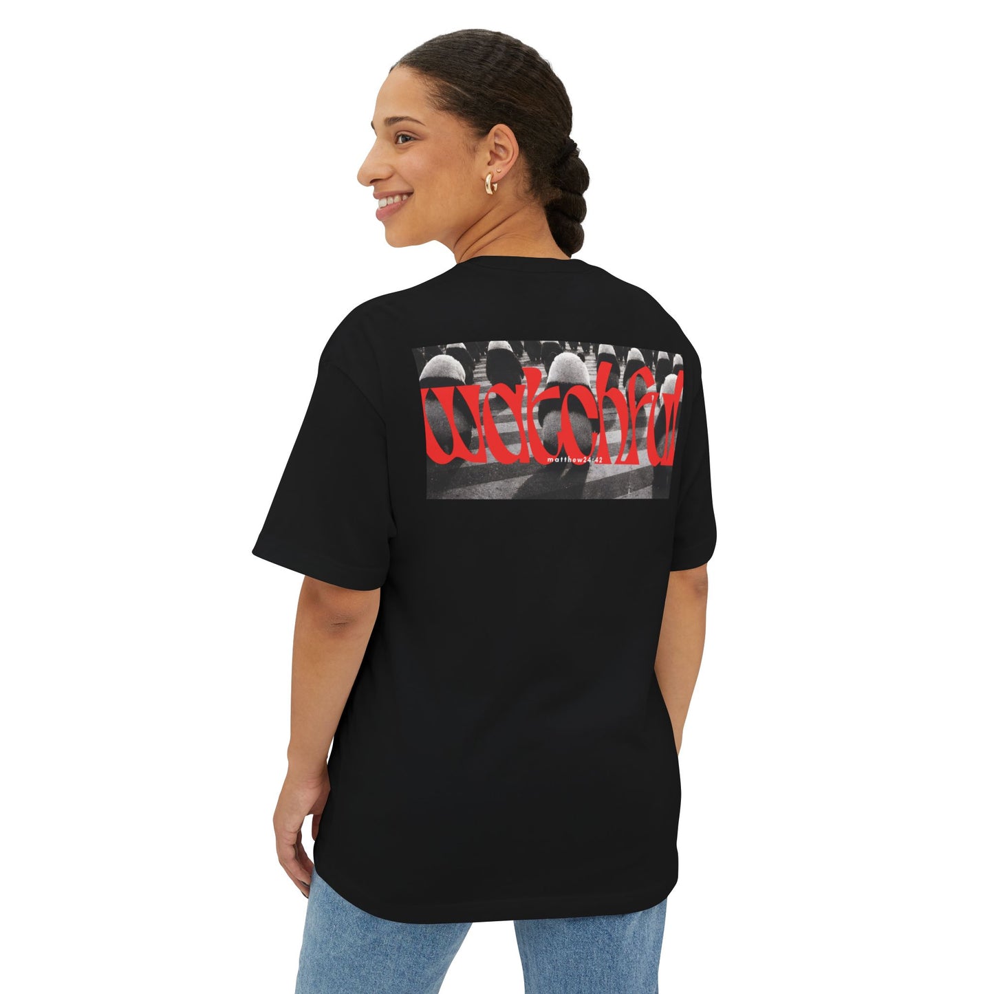 "Watchful" Christian Oversized Boxy T-Shirt | Matthew 24:42 | Bold Eye Graphic | Panda Art | Unisex Faith Streetwear