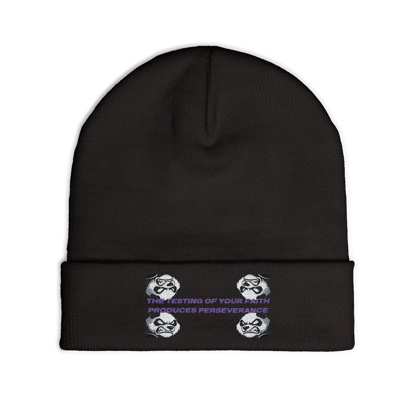 "Perseverance" Christian Unisex Knit Beanie | James 1:3 | Embroidered Fierce Panda | Testing of Your Faith | Christian Streetwear Accessory