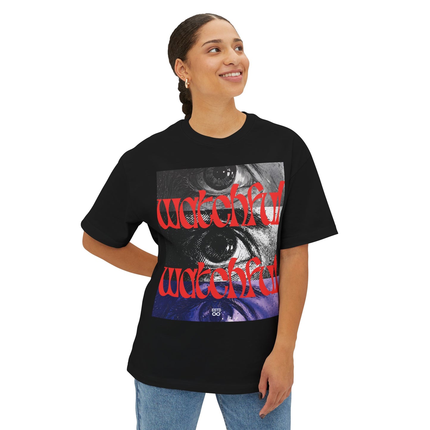 "Watchful" Christian Oversized Boxy T-Shirt | Matthew 24:42 | Bold Eye Graphic | Panda Art | Unisex Faith Streetwear
