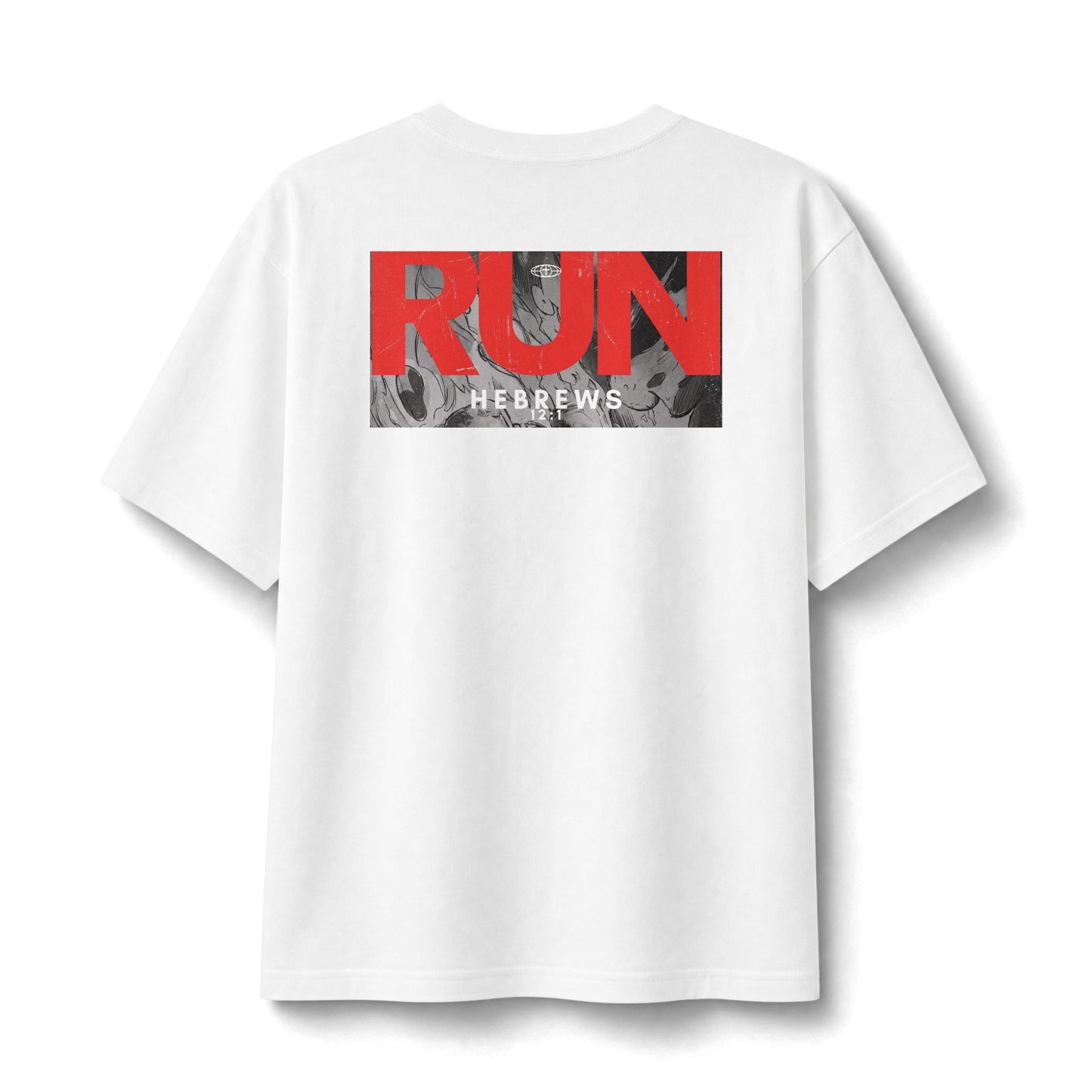 "Run" Christian Unisex Heavyweight T-Shirt | Hebrews 12:1 | Sneakers on Fire Graphic | Endurance Race Faith | Bold Christian Streetwear