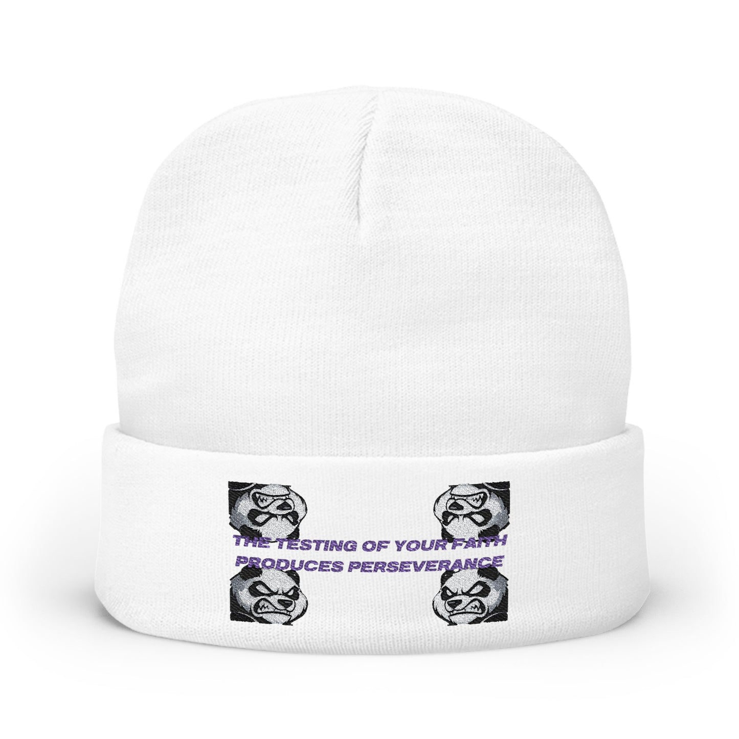 "Perseverance" Christian Unisex Knit Beanie | James 1:3 | Embroidered Fierce Panda | Testing of Your Faith | Christian Streetwear Accessory