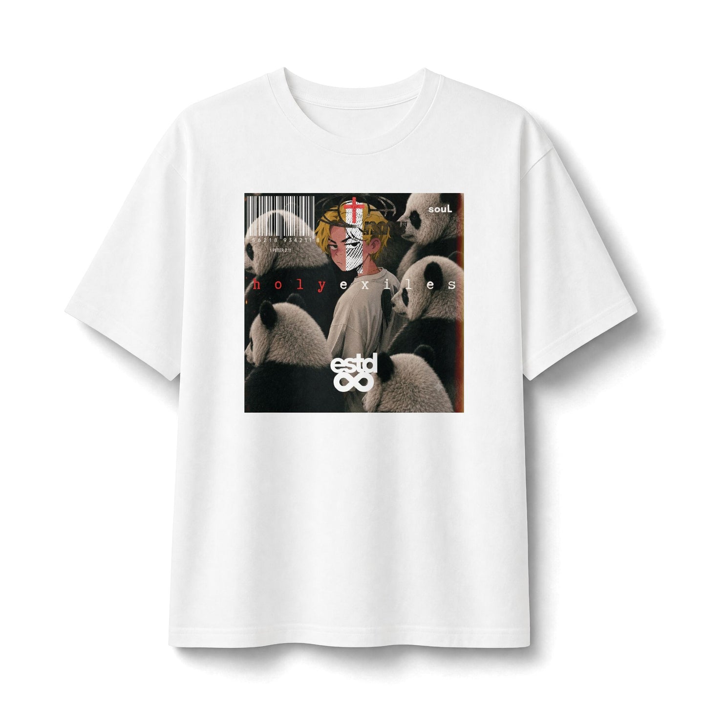 "Holy Exiles" Christian Unisex Heavyweight T-Shirt | 1 Peter 2:11 | Anime Boy & Panda Collective Graphic | Sojourners and Exiles | Bold Christian Identity Streetwear